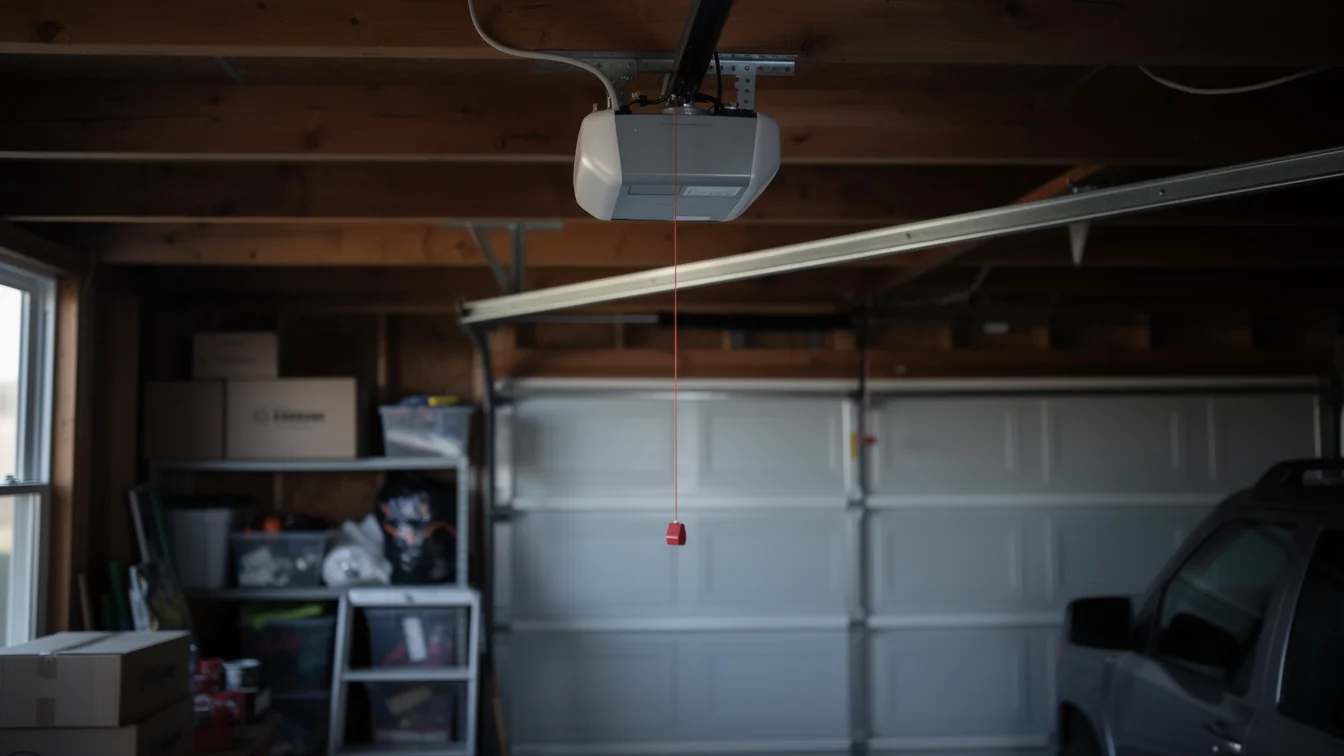 A garage door opener hangs from the ceiling with a red emergency release cord.