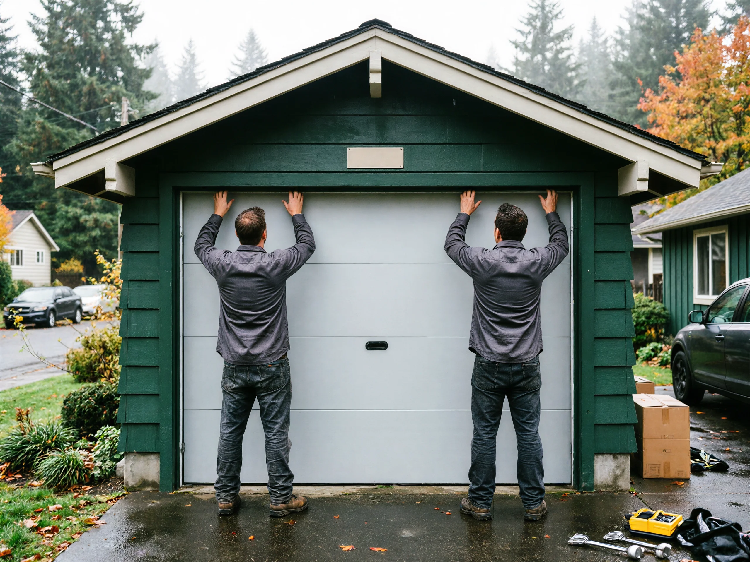 Two technicians install a new white garage door on a green garage.