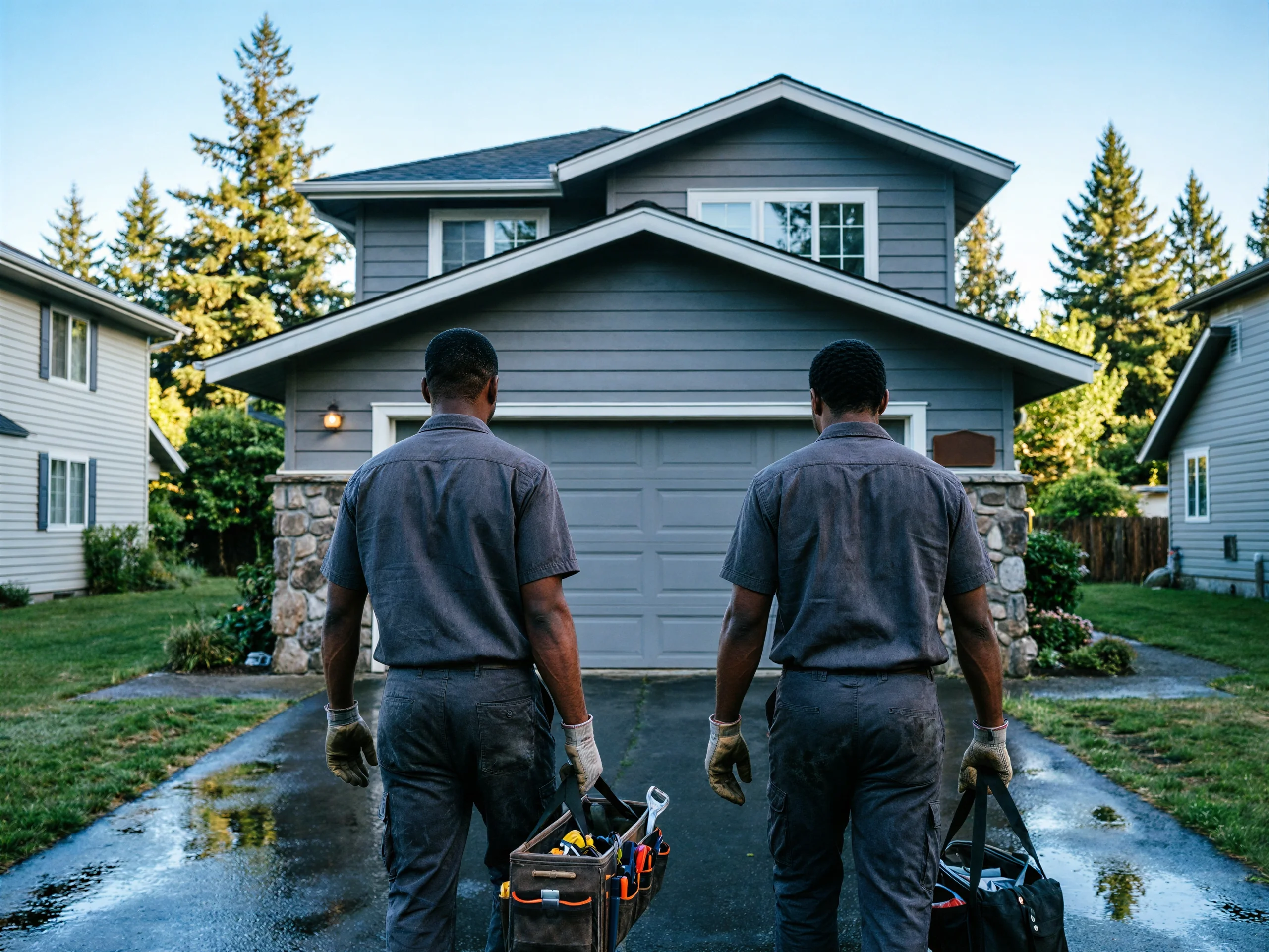 Two technicians walk toward a gray house with a closed garage door.