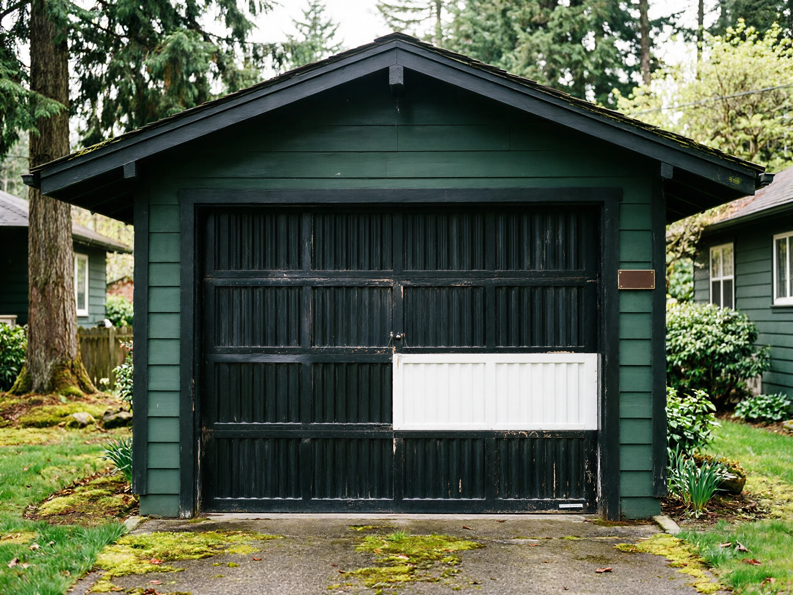 The dark green garage has a black garage door with a white panel.