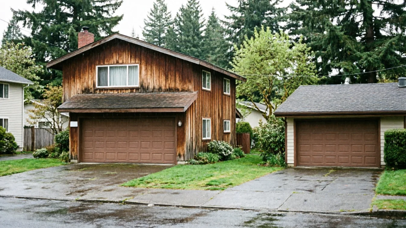 A brown garage door is on a wooden house next to a detached garage.
