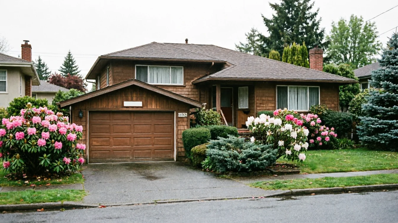 The house has a brown garage door, brown siding, and a brown roof.