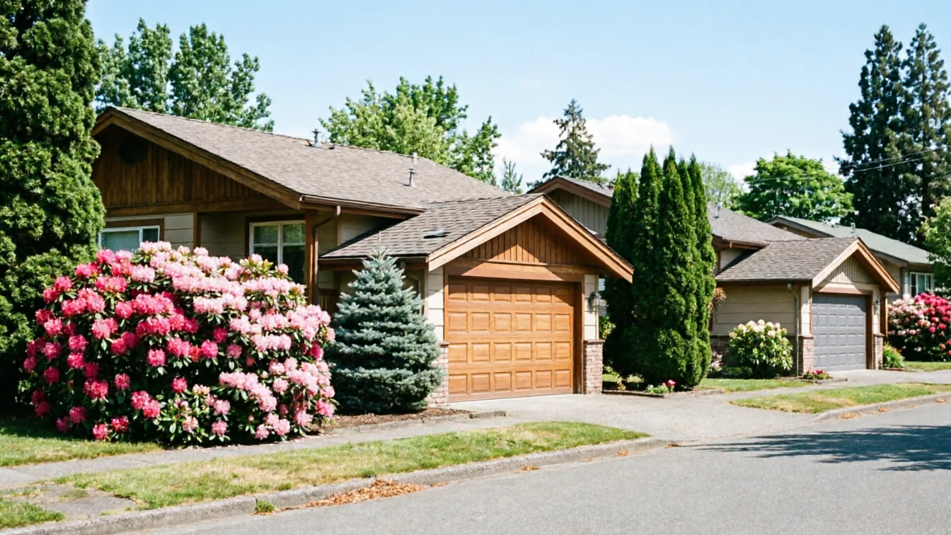Two houses with brown and gray garage doors are visible from the street.