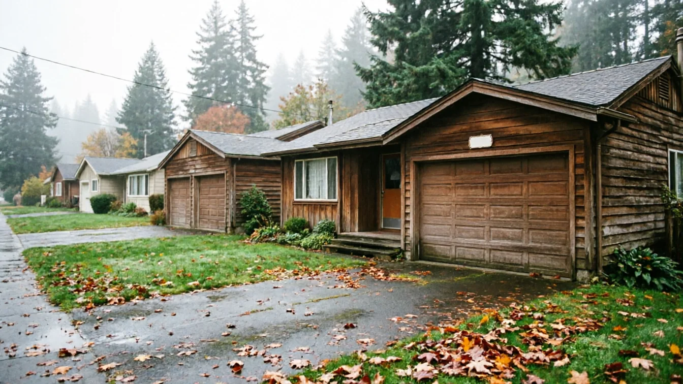A row of houses with brown garage doors and autumn leaves on the ground.